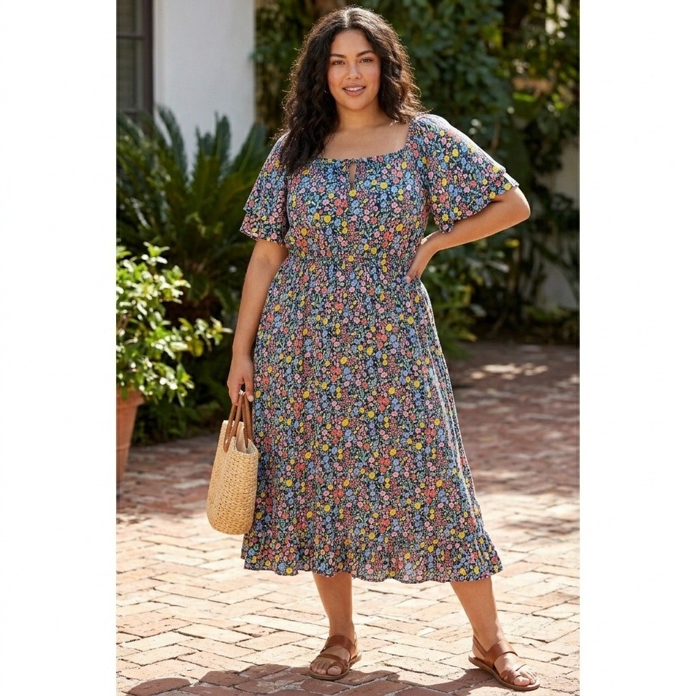 Talbots Floral Midi Dress Women 18W Navy Multi Tiered Flutter Sleeve Cottagecore